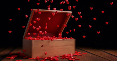 Banner with box of hearts with space for text on dark background. Greeting card with hearts for Valentine's Day, Women's Day, birthday, birth of children, wedding, anniversary.の素材
