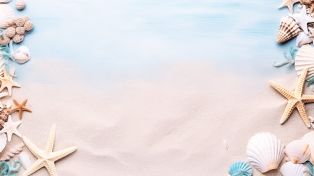 Banner with frame of sand, starsfishes and shells, greeting card with a sea, beach theme. Summer time concept.Flat lay composition with beautiful starfish and sea shells on blue background, top view with copy space for text.の素材