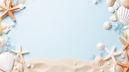 Banner with frame of sand, starsfishes and shells, greeting card with a sea, beach theme. Summer time concept.Flat lay composition with beautiful starfish and sea shells on blue background, top view with copy space for text.の素材