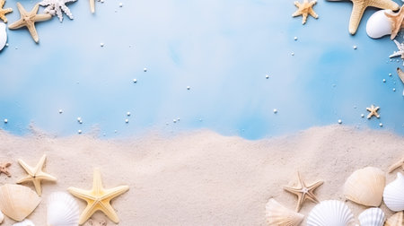 Banner with frame of sand, starsfishes and shells, greeting card with a sea, beach theme. Summer time concept.Flat lay composition with beautiful starfish and sea shells on blue background, top view with copy space for text.の素材