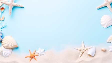 Banner with frame of sand, starsfishes and shells, greeting card with a sea, beach theme. Summer time concept.Flat lay composition with beautiful starfish and sea shells on blue background, top view with copy space for text.の素材