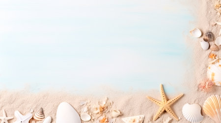 Banner with frame of sand, starsfishes and shells, greeting card with a sea, beach theme. Summer time concept.Flat lay composition with beautiful starfish and sea shells on blue background, top view with copy space for text.の素材
