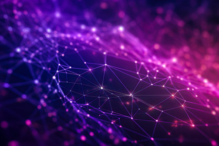 Violet-pink abstract background with a network grid and particles connected. Sci-fi digital technology with line connect network and data graphic background. Abstract polygonal wallpaper.の素材