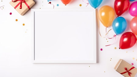 Banner with frame for text or image for any celebration, colorful balloons on white background with space for text for congratulation. Greeting card on birthday, father's day, company day.の素材