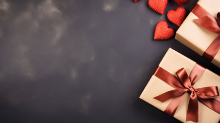 Banner with two gift boxes in craft paper and red ribbons with red hearts and space for text on a dark paper background top view. Valentine's Day. Eco friendly concept.の素材