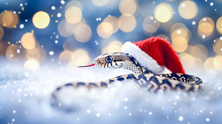 Banner with cute snake in Santa Claus hat on snow bokeh background. Symbol of New Year 2025.の素材