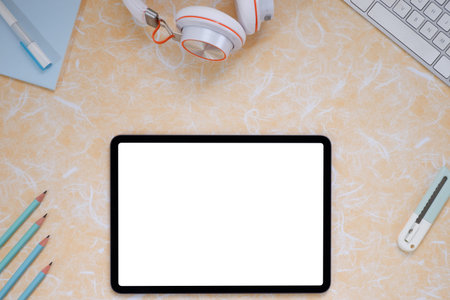 Creative flat lay of workspace desk, office stationery, keyboard, headphones and lifestyle objects...