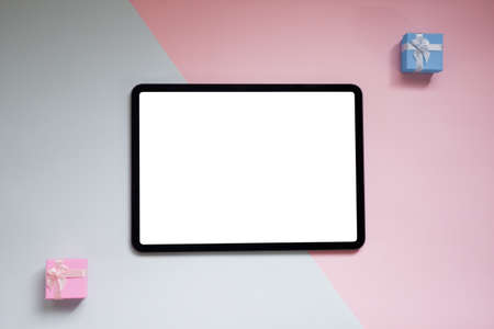 Top view image of white blank screen computer tablet on table two toneの写真素材