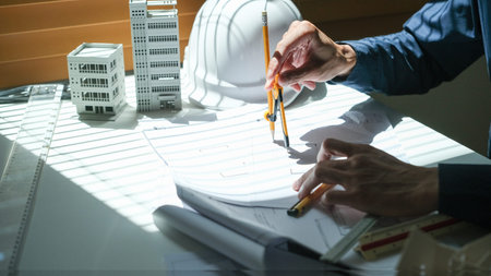 Architectural engineer man, contractors, designers, sketches, blueprints and construction work for...