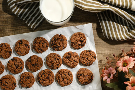 Flat lay composition with chocolate cookies and space for text on wood background.の写真素材