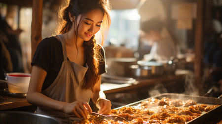 Smiling female chef in her restaurant, women owned business concept - Generative AI.の素材