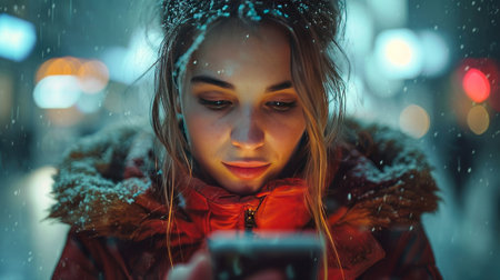 Young girl using smartphone in city snowy evening Christmas time.Generative AI.の素材