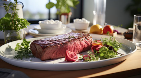 mouthwatering medium rare beef tenderloin steak with vegetables is placed on a plate on the dining table, ready to eat.Generative ai.の素材