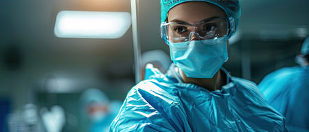 Close-up portrait of a female doctor in glasses and face mask on the background of surgeons team during complex surgical operation in a sterile operating room. Modern medicine, saving patients life.Generative AI.の素材