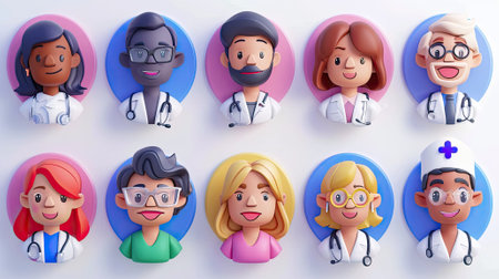 3d render, doctor avatar collection, set of round stickers with cartoon character.Generative AI.の素材