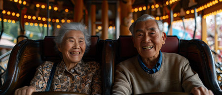Asian grandparents on vacation enjoying their retirement roller coaster amusement park thrill.Generative AI.の素材