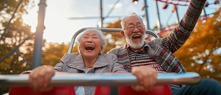 Asian grandparents on vacation enjoying their retirement roller coaster amusement park thrill.Generative AI.の素材