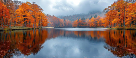 fail foilage autumn landscape with lake and trees. ai generated.の素材