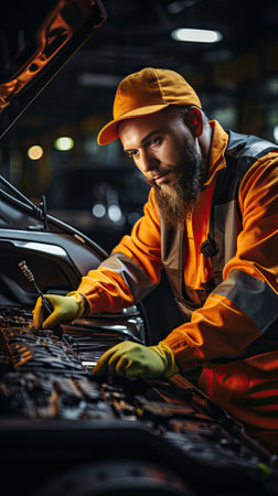 close up of man engineer technician hands in gloves fixing battery of electric vehicle auto car mechanic shop, vehicle repairing service garage.Generative AI.の素材