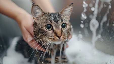 Woman shampooing a tabby gray cat in a grooming salon.Generative AI.の素材