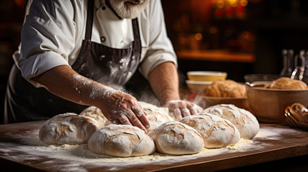 chef baking bread making dough mixing with flour on kitchen table.Generative AI.の素材