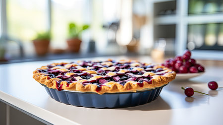 blueberry Pie on a white table, blurred modern kitchen in background.Generative AI.の素材