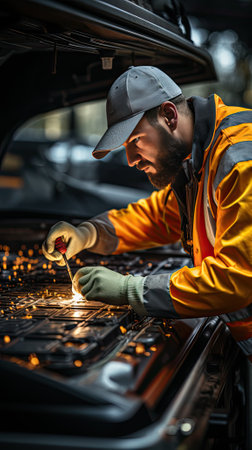 close up of man engineer technician hands in gloves fixing battery of electric vehicle auto car mechanic shop, vehicle repairing service garage.Generative AI.の素材
