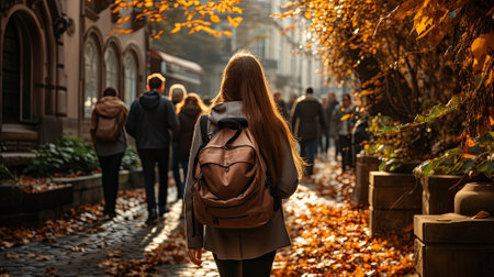 View from behind young woman in black coat and with curly hair walking through an city street next to road and cars on autumn day.Generative AI.の素材