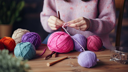 Woman in Pink Sweater Knitting with blue and Purple Yarn Balls on Wooden Table.Generative AI.の素材