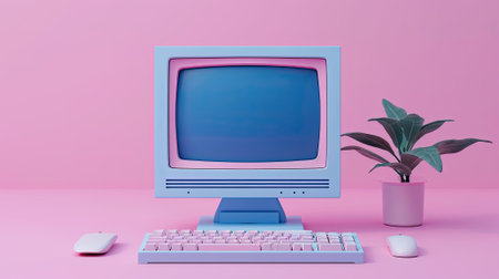 3d render illustration of old computer ,monitor ,empty background.Generative AI.の素材
