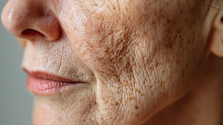close-up of age pigment spots on the face skin of an old human.Generative AI.の素材