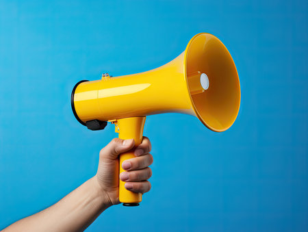 Hand Holding Yellow Megaphone Against Solid Blue Background.Generative AI.の素材