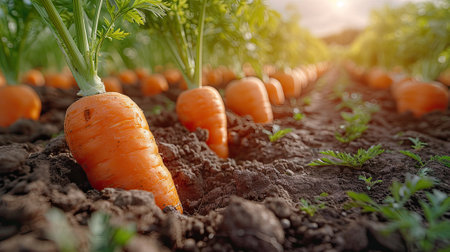 Carrot vegetable grows in the garden in the soil organic background closeup.Generative AI.の素材
