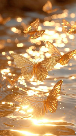 Sunshine painting photo of a butterfly flying over the water, in the style of golden palette.Generative AI.の素材