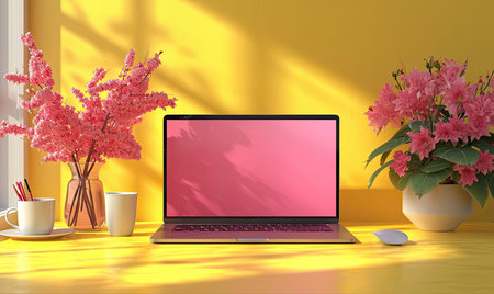 Laptop and Yellow Coffee Mug on Office Desk Against Yellow Background.Generative AI.の素材