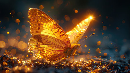 Magic night butterfly gold glitter golden dust nature background, mystical insect. Generative AI.の素材