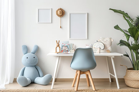 Mockup wall in the children's room on wall blue colors background.3d rendering.Generative AI.の素材