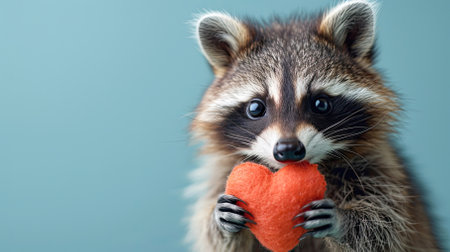 cute happy racoon placed a stuffed heart shape on the head isolated on pastel.Generative AI.の素材
