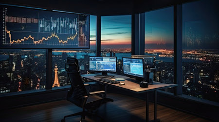 An office with several monitors and trading screens. Generative AI..の素材