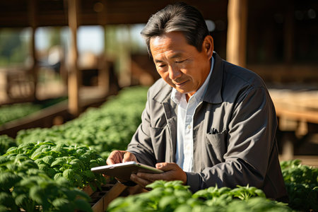 farmer using hand holding tablet and organic vegetables hydroponic in greenhouse plantation. Generative AI.の素材