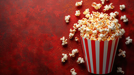 Overturned paper bucket with delicious popcorn on red background, flat lay. Space for text.Generative AI.の素材
