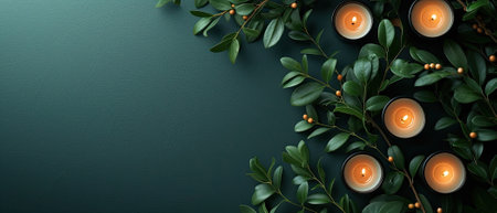 leaves and burning candles on blue background.Generative AI.の素材