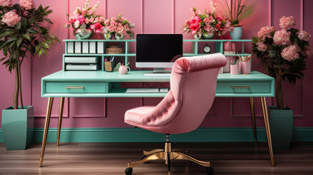 interior design of working home space with wooden table and chair with calm vibes in pink and green color.Generative AI.の素材