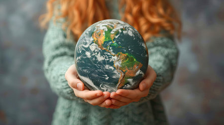 Woman hand holding earth, save planet, earth day, sustainable living, ecology environmen. Generative AI.の素材