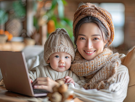 Asian mother playing with her baby.Generative AI.の素材