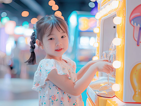 Kid play in the arcade center of the machine.Generative AI.の素材
