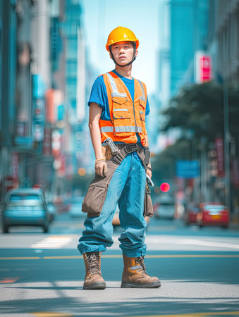 portrait of young asian engineer on construction site with city background.Generative Ai.の素材