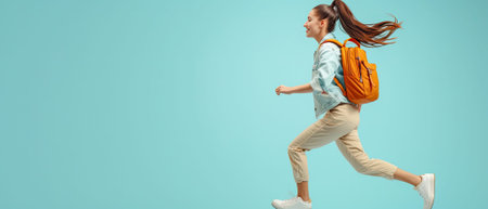 Happy schoolgirl with backpack jumping on light blue background.generative AI.の素材