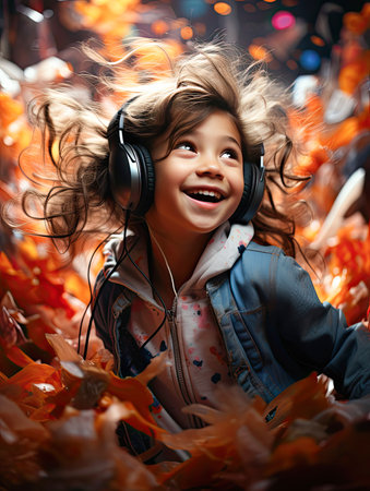 Portrait of a cute little girl listening to music with headphones on a colorful background.Generative AI.の素材