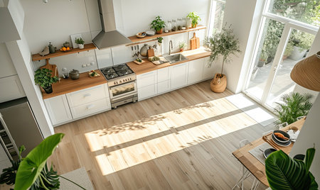 Modern kitchen with the hardwood floors. Portland, Oregon.Generative AI.の素材